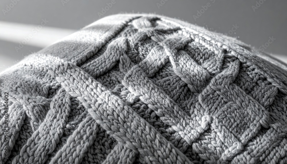 Fototapeta premium Detailed view of gray knitted fabric showcasing intricate patterns, highlighted by soft sunlight.