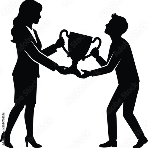 Silhouette of a woman in a suit presenting a trophy to a man who is bending down to receive it on a white background