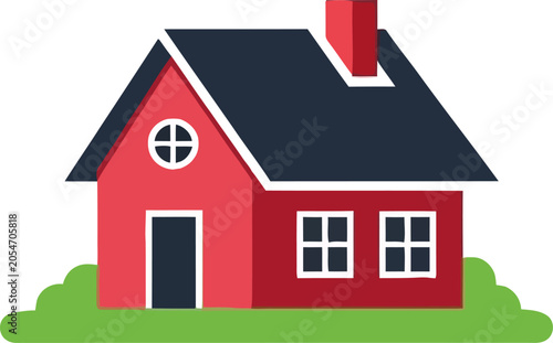 Colorful Red House with Black Roof.