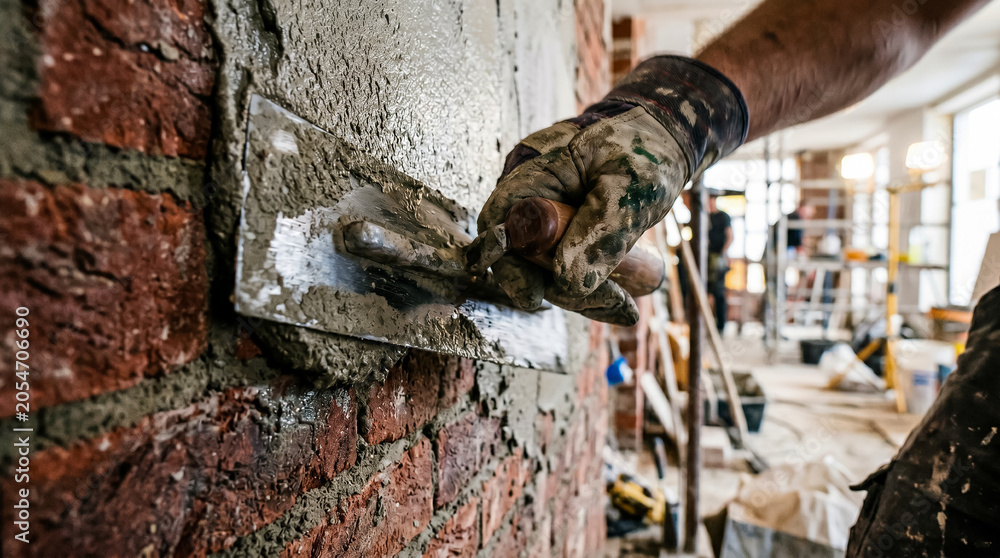 Obraz premium Close up of plasterer hand applying wet cement on wall with trowel.