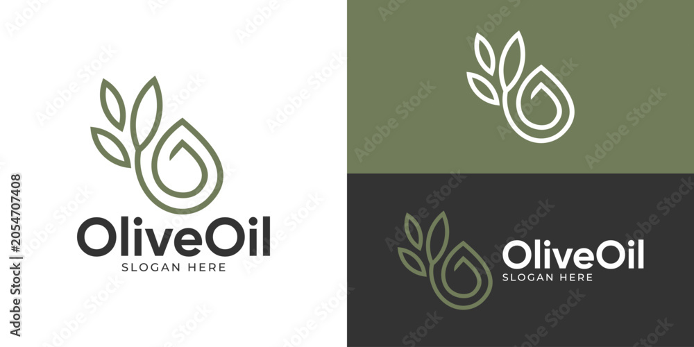 Obraz premium Creative simple olive oil logo template. Water drop with olive tree leaf logo design vector illustration.