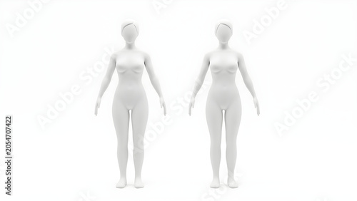 Two female mannequins stand side by side in a studio setting.