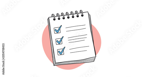 Spiral notebook with a checklist and blue check marks is placed against a soft pink circle for productivity and task management concepts.