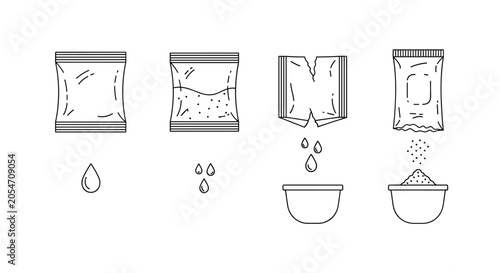 Four step diagram in line art shows the process of pouring liquid and powder from packets into bowls for cooking or mixing tasks.