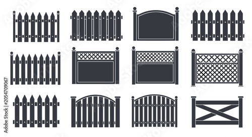 Comprehensive set of black silhouettes shows various sections of wooden fences and garden gates for landscaping and property design.