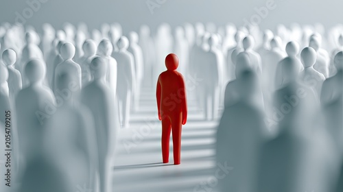 A lone red figure stands out amidst a crowd of muted, white silhouettes