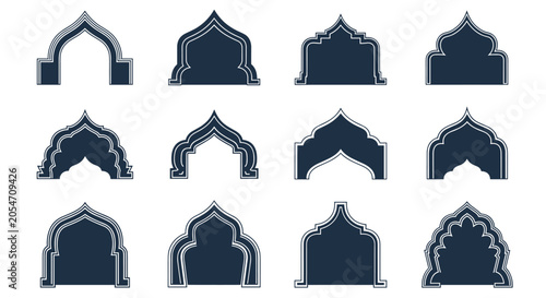 Collection of decorative Islamic arch silhouettes and ornate mosque doorway frames for Ramadan and religious celebration graphic design.