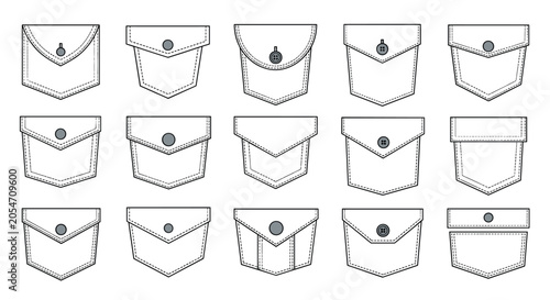 Technical drawing showing a large variety of clothing pocket designs including flap, buttoned, and pleated styles for fashion apparel manufacturing.
