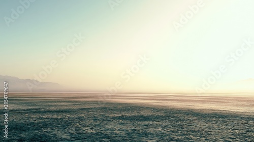 Vast, hazy expanse of a barren plain under a pale, bright sky