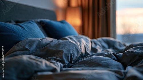 Cozy unmade bed with blue pillows and rumpled gray duvet