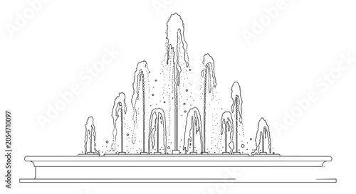 Linear outline drawing of a classic decorative fountain with multiple water jets splashing upward in a symmetrical tiered arrangement.