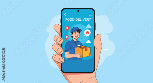 Human hand holding a mobile phone that displays a food delivery application with a courier character and map location tracking markers.