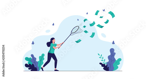 Young woman running through a field with a butterfly net to catch flying money banknotes representing financial goals and wealth chasing.