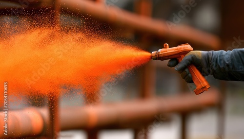 Bright orange powder sprays from a gun, coating industrial pipes