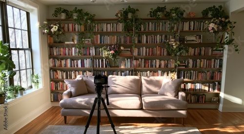 Soft couch, camera on tripod, and sunlit bookshelves laden with flora