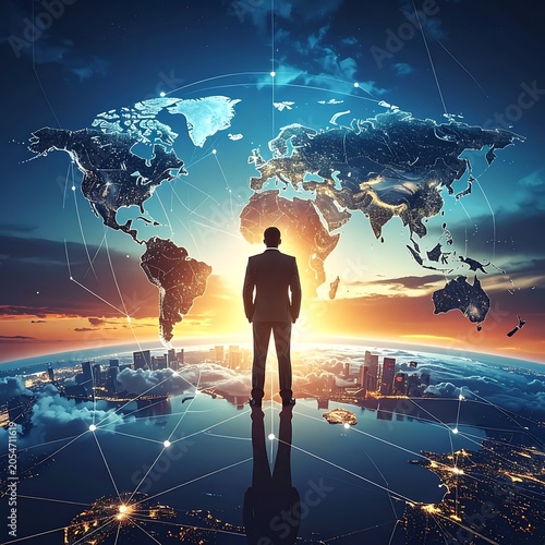 A silhouette of a man looks out over a futuristic cityscape