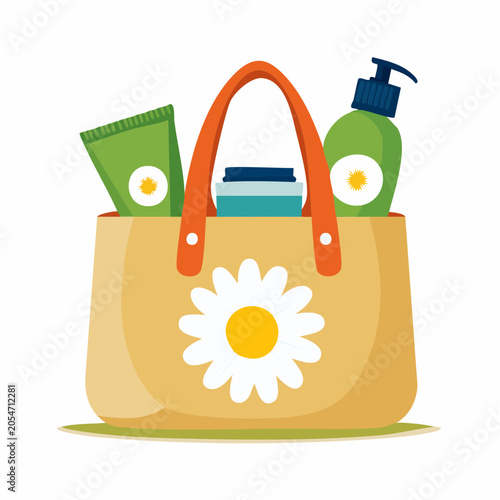 Beach Bag with Skincare Products and Daisy Decoration