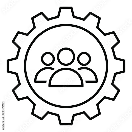 Gear icon with three people inside  teamwork mechanism icon