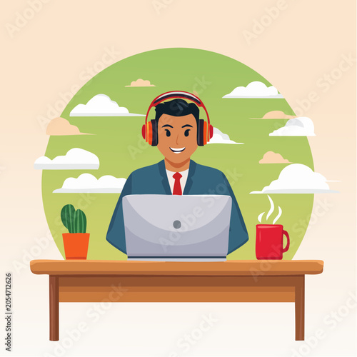 Man working on laptop with headphones and coffee