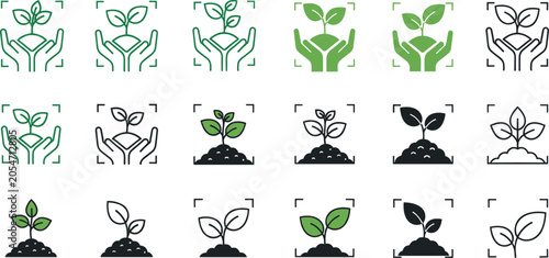Foto Ecology and sustainable agriculture vector icon set with hands holding plant spr