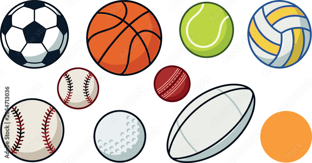 Obraz premium Sports Equipment Ball Icon Set Featuring Soccer Basketball Tennis Volleyball Baseball Cricket Golf Rugby and Ping Pong Vector Illustration