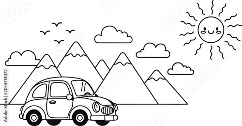 Coloring page of a car in front of mountains coloring book for kids with a scenic landscape and sunny weather