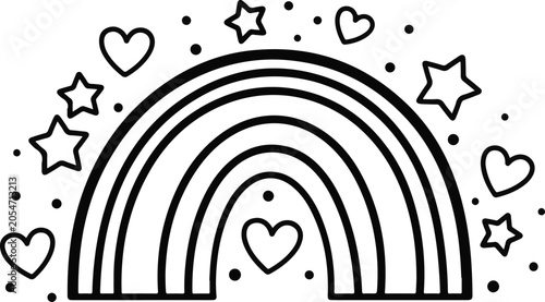 Coloring page of a rainbow coloring book for kids simple line art stars and hearts printable activity