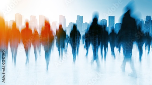 Blurry silhouettes of people walking in a modern city at sunrise