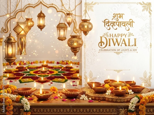 Diwali festival background with traditional oil lamps and hanging lanterns