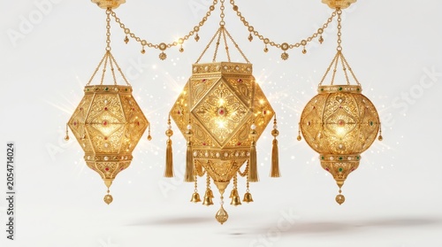 Three ornate golden lanterns with intricate filigree and sparkling lights