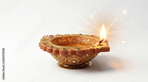 Traditional clay diya lamp lit for diwali festival isolated on white background
