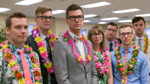 Vibrant Office Team Photo With Colorful Tropical Flower Leis as Corporate Accessories