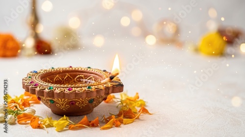 Traditional clay diya lamp decorated with colorful stones for diwali festival