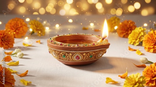 Beautiful traditional clay diya lamp decorated with jewels for diwali
