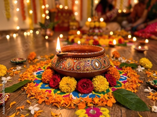 Traditional indian clay diya lamp decorated with flowers for diwali festival