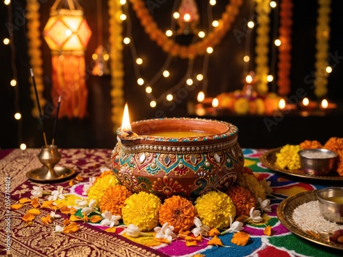 Traditional diwali diya lamp with marigold flowers and rangoli decoration