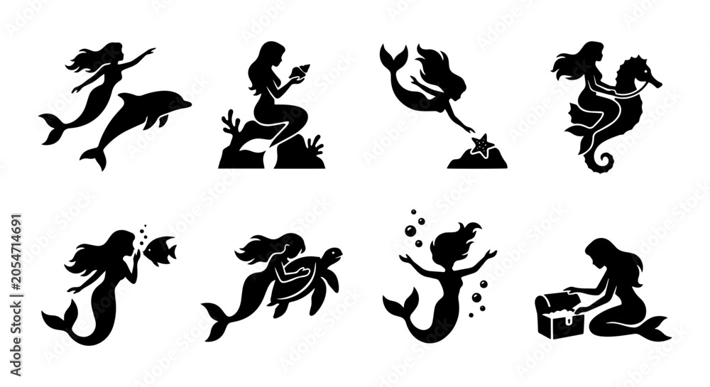 Obraz premium Mermaid icon set silhouette, white background