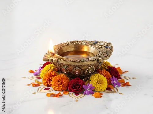 Traditional golden diya lamp with flowers isolated on white background