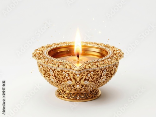 Traditional golden diya lamp with flowers isolated on white background