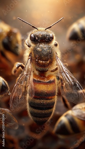 High-contrast portrait of queen bee attended by workers in royal chamber, regal size difference, pheromone aura glow, detailed antennae interactions