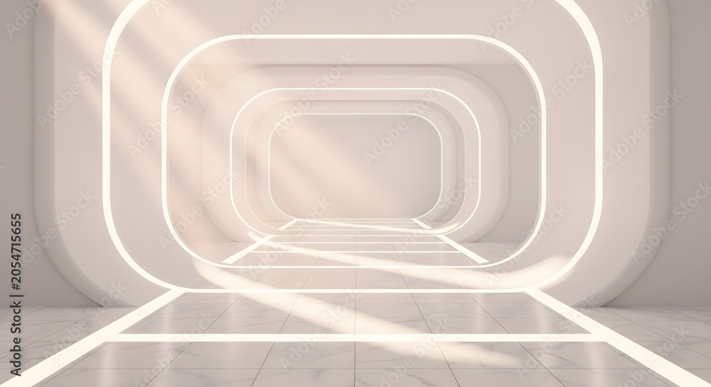 Fototapeta premium Futuristic white corridor with glowing light arches and marble floor