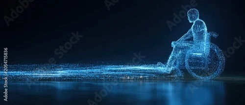 Panel kuchenny z motywem Blue particle figure in a wheelchair moving forward, leaving a light trail