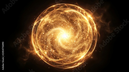 Glowing Golden Spiral Light Sphere in Dark Cosmic Fog Background