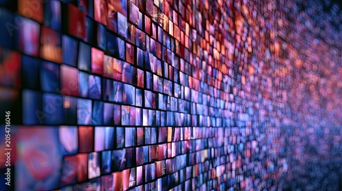 A vast mosaic of colorful glowing panels recedes into a bokeh-filled distance