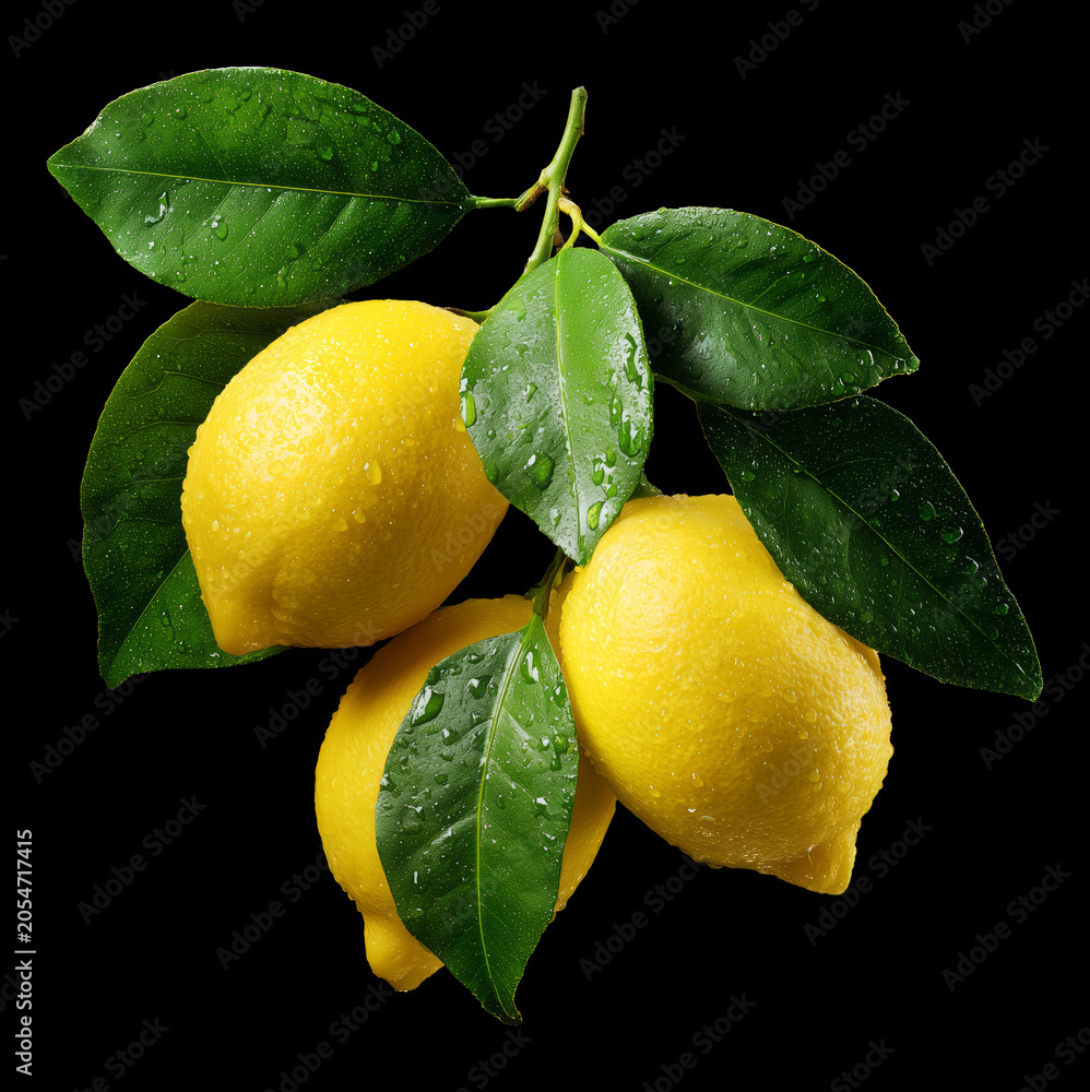Obraz premium Fresh lemons with leaves and water drops isolated on black background with clipping path, symbolizing freshness and purity