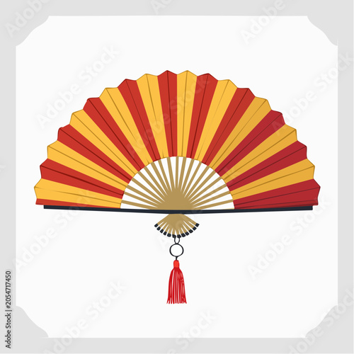 Red and Yellow Folding Fan with Tassel