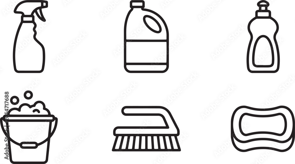 Fototapeta premium Black line drawing of cleaning supplies
