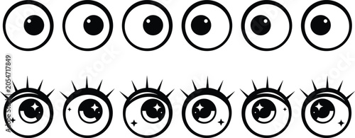 Cartoon eyes icons set, kawaii cute eyes, emoji, avatar, anime style vector illustration