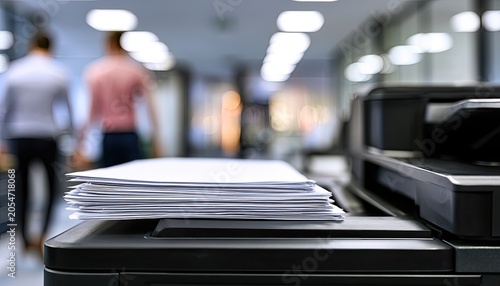 Stack of papers on a multifunction printer in an office hallway