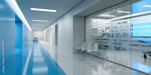 Modern, sterile medical hallway with glass-walled rooms and a distant bed